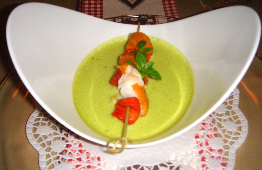 Basil and rocket soup with langoustines