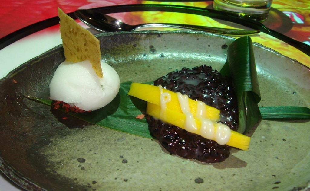 Black sticky rice dessert with mango and lime sorbet