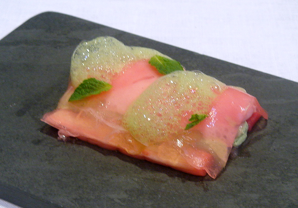 Rhubarb with mint mousse
