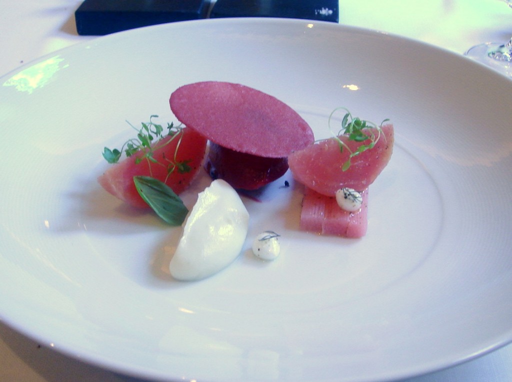 Pre-dessert of poached beetroot and beetroot sorbets