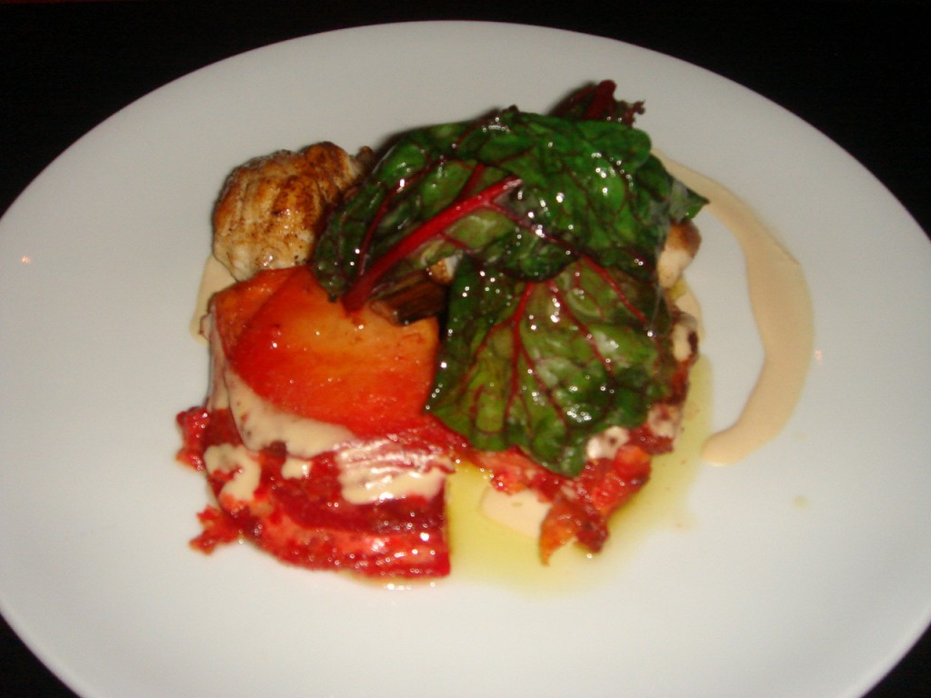 Roast monkfish, beetroot, celeriac & smoked anchovy gratin