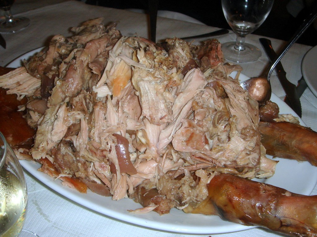 One of the two plate's of carved meat