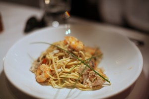 Spaghetti with barramundi & wild prawns